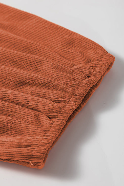 Bracelet Sleeve Split Neck Scallop Detail Pleated Corduroy Mini Dress